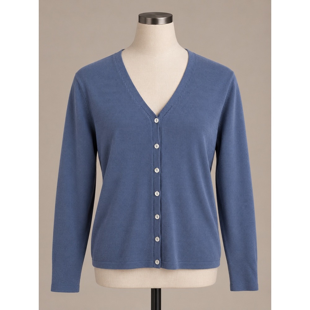 Bridgetown Collection Blue Silk Cotton V-Neck Button Cardigan L Quiet Luxury